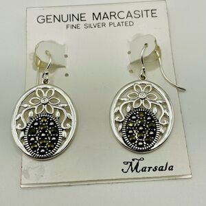 Silver Plated Oval Dangle Earrings with Genuine Marcasite with Floral Filigree